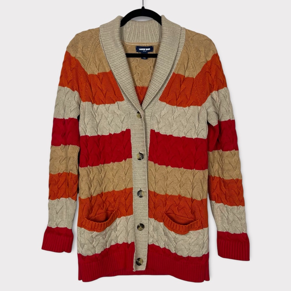 Lands End Drifter Cardigan Sweater Small 6 8 Cable Knit Chunky Fisherman Coastal